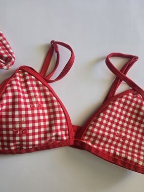 Red Gingham Cherry Triangle Bikini Top
